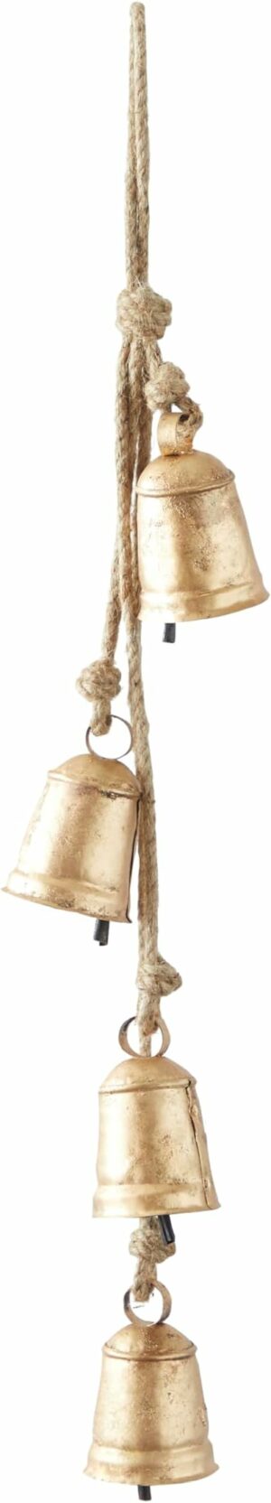 Deco 79 Metal Tibetan Inspired Decorative Cow Bell with Jute Hanging Rope, 4" x 3" x 29", Gold