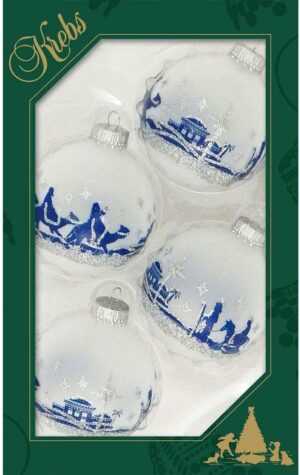 Glass Christmas Tree Ornaments - 67mm/2.625" [4 Pieces] Decorated Balls from Christmas by Krebs Seamless Hanging Holiday Decor (Frost with Blue & Silver Bethlehem Scene)