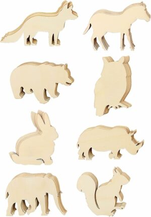 48 Pack Unfinished Wooden Woodland Forest Animal Life Cutouts,Bear,Fox,Elephant,Rabbit,Squirrel,Horse,Rhinoceros,Owl Shapes Model for Home Decor Ornament,DIY Craft Art Project(6 PCS/Shape)