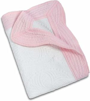 MONOBLANKS Baby Quilt Personlized Monogram Lightweight Embossed Scalloped Throw Blanket Four Seasons (White-Pink Trim)