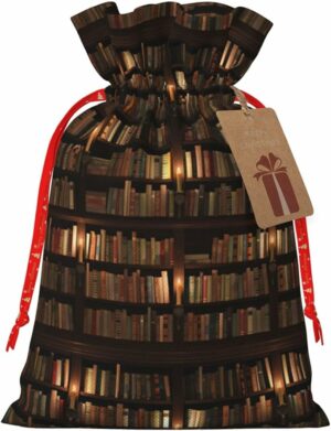 WURTON Christmas Gift Bags Drawstring, Library Bookshelf Book Christmas Wrapping Bags Bulk For All Kinds Of Gift Wrapping