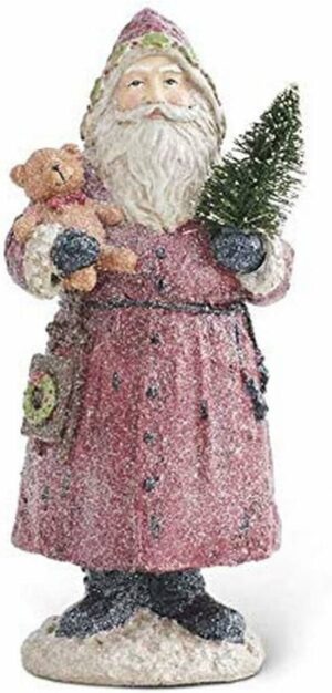 K&K Interiors 53924A 12.75 Inch Vintage Resin Glittered Santa Holding Bear and Tree, Red