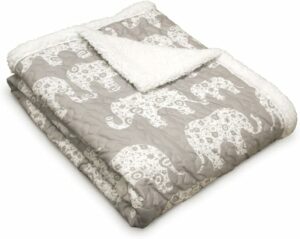 Lush Decor Elephant Parade Throw Fuzzy Reversible Sherpa Blanket, 60” x 50”, Gray & White