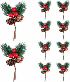 Christmas Pine Cone Picks Decorations 10 Pack Artificial Christmas Picks and Sprays Red Berry Stem Branches with Holly Leaves for Xmas Tree Christmas Wreath Decor (10)