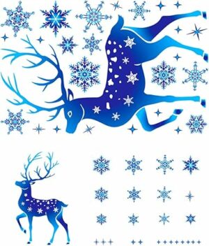 Christmas Blue Deer Snowflake Window Clings Stickers Reindeer Star Pattern Glass Decals for Holiday Party Decor Christmas Window Clings Stickers