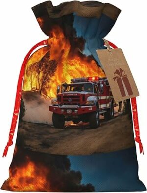 Xzsxhe Firefighter Fireman Flame Print Christmas Gift Bags, Drawstring Gift Wrap Bags Candy Storage Bag Reusable Party, Medium, Black