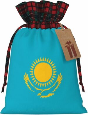 YILEQUAN Christmas Burlap Gift Bags with Drawstrings, Flag of Kazakhstan - Christmas Treat Candy Bags for Holiday Party Wrapping Xmas Present - Medium