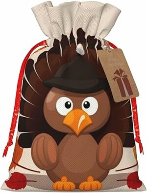 RLDOBOFE Maple Leaf Dark Brown Turkey Christmas Gift Bags Drawstring Goody Gift Bags with Tags Xmas Candy Bags Reusable Gift Wrapping Bags Santa Bag Holiday Party Favors Bags