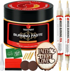 Teexpert Wood Burning Gel Pen Kit,4 OZ Wood Burning Paste,2 Scorch Pens Double-Sided, 4 Tips, Squeegee, Sandpaper for DIY Heat Sensitive Wood Burning Marker for Wood Crafts Suitable Artists Beginners