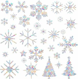 Snowflake Window Decals for Bird Strikes,Anti-Collision Clings to Save Birds,Non Adhesive Prismatic Window Clings, Rainbow Stickers,Christmas Snowflake and Tree Star Window Clings,(32pcs)