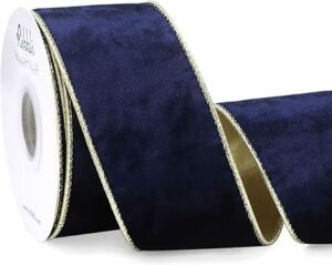 Ribbli Navy Velvet Wired Ribbon 2.5 Inch Metallic Navy Blue Gold Crushed Velvet Christmas Ribbon for Gift Wrapping Christmas Tree Decoration Crafts Wreaths Supplies-Continuous 10 Yards