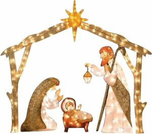 Nativity Set Outdoor, 11.8 inch Metal Outdoor Nativity Scene with Light, Reusable Nativity Scene Set with Stake for Xmas Party Garden Yard Lawn Patio Decor, Nativity Set Outdoor