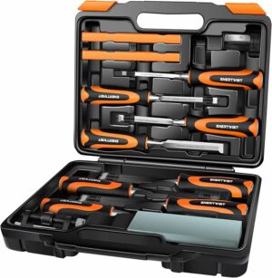 ENERTWIST 13pcs Wood Chisel Set, Premium Woodworking Chisel Sets w/ 8 CRV Construction Wood Chisels, 1 Sharpening Stone, 1 Honing Guide, 2 Carpenter Pencils, 1 Sharpener for Wood Carving in Hard Case