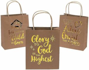 Fun Express Religious Gold Metallic Kraft Paper Gift Bags for Christmas (set of 12) Party Supplies