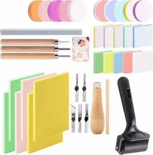Keadic 36Pcs Soft Rubber Carving Blocks Printing Starter Tool Kit, Comes with Linoleum Cutter Tools & Roller Linoleum Cutter Tools & Grindstone Glue Roller Round & Square Rubber Carving Blocks
