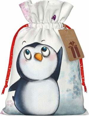 WURTON Drawstring Christmas Bags,I Love Penguins Xmas Gift Bags,Christmas Wrapping Bags,Party Favor Bags,8 X 12in