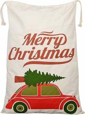 Jolly Jon Large Christmas Bags Santa Sacks ~ Eco Friendly Reusable Cotton Designs - XL 27 x 19 Gift Bag Sack Storage Size - Red Car with Tree Santa Sack - Drawstring Closure