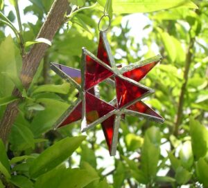 Lot of 5 Moravian Stars Iridescent Stained Glass Christmas Ornament Sun Catcher Red