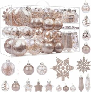 SHareconn 86PCS Christmas Balls Ornaments Set,Shatterproof Plastic Clear Decorative Baubles for Xmas Tree Decor Holiday Wedding Party Decoration,Champagne