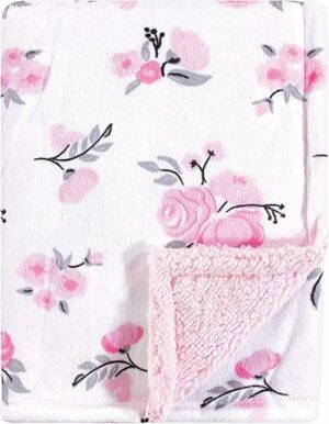 Hudson Baby Unisex Baby Plush Mink and Sherpa Blanket, Pink Floral, One Size