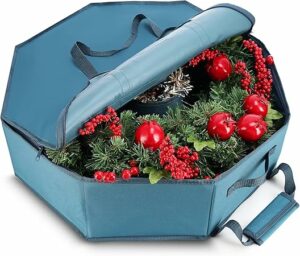 Hearth & Harbor Wreath Storage Container - Hard Shell Christmas Wreath Storage Bag with Interior Pockets, Dual Zipper and Handles - 36" Premium Wreath Storage Organizer Box