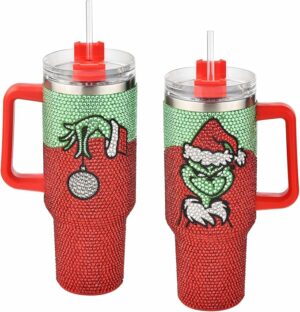 1Pcs Personalized 40 Oz Grinch Tumbler with Handle, Custom Tumbler, Stainless Steel Travel Coffee Mug Cup, Birthday Gifts for Women Men Mothers Fathers Day Halloween,Christmas and New Year