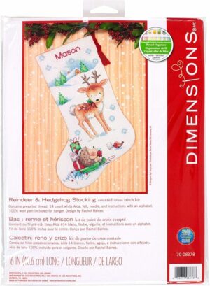 Dimensions Cross Stitch 'Reindeer and Hedgehog' Personalized Christmas Stocking Kit, White Aida, 16'', 14 Count