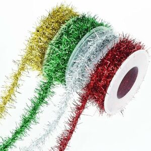 Tongcloud 4 Rolls Christmas Tinsel Ribbon Metallic Garland Tinsel Garland Christmas Metallic Tinsel Ribbon Glitter Tinsel Ribbon for Christmas Wedding Birthday Party Decorations 4 colors