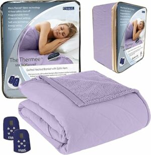 Thermee Micro Flannel Heated Blanket with Sherpa back, 10-Setting Electric Blanket King Size, Programmable Heating Blanket, Ultra-Soft Heated Throw Blanket, Fast Heating Thermal Blanket – Lilac