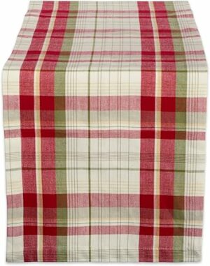 DII Orchard Plaid Collection Linen Tabletop Essentials, Table Runner, 14x108, Taupe/Red