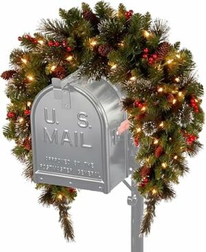 National Tree Company Pre-lit Artificial Christmas Mail Box Swag - Flocked with Mixed Decorations and White LED Lights - Crestwood Spruce - 36 Inch