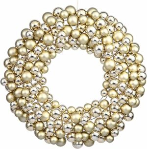 Vickerman 36" Diameter Gold Shiny and Matte Ball Christmas Wreath with Ornaments - Seasonal Holiday Decoration - Vibrant Christmas Decoration - Wire Frame