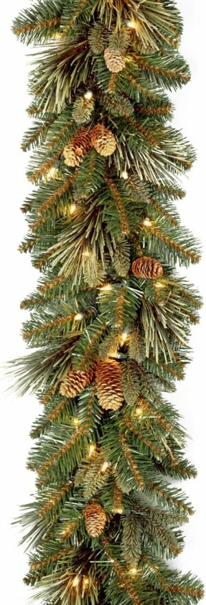 National Tree Company Pre-Lit Artificial Christmas Garland, Green, Carolina Pine, White Lights, Decorated with Pine Cones, Battery Operated, Christmas Collection, 9 Feet