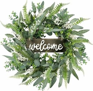 Sggvecsy Green Artificial Eucalyptus Wreath with Welcome Sign 20in Mixed White Berries Spring Summer Wreath for Front Door Wall Window Farmhouse Festival Porch Patio Garden Decor