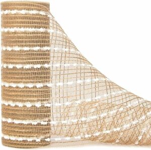 Ribbli Snowball Natural Burlap Mesh Ribbon, 10 inch x 30 feet(10Yard), Natural with Cotton Snowball and Jute, Christmas Ribbon for Wreath Swags and Christmas Tree