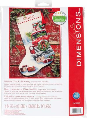 Dimensions Whimsical Counted Cross Stitch Kit Santa's Truck Stocking - 16"(1 Pc.) - Christmas Stocking, DIY Gift for Loved Ones, Ideal for Festive Events