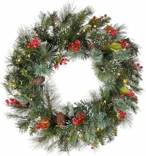 National Tree Company Pre-Lit Artificial Christmas Wreath, Green, Wintry Pine, White Lights, Decorated with Pine Cones, Berry Clusters, Frosted Branches, Christmas Collection, 24 Inches