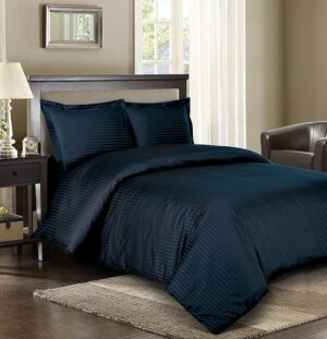 Royal Hotel's Striped Navy 300-Thread-Count 4pc King Bed Sheet Set and 3pc Duvet-Cover-Sets 100-Percent Cotton, Sateen Striped, Deep Pocket, 100% Cotton