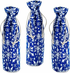 Hallmark Holiday Drawstring Fabric Bottle Bags (Pack of 3: Navy Blue with White Snowflakes) for Christmas, Hanukkah, Winter Parties, Hostess Gifts and More