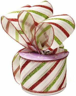 Holiday Wired Christmas Tree Ribbon - 2 1/2" x 10 Yards, Red and Green Glitter Stripes on White, Garland, Gifts, Wrapping, Wreaths, Boxing Day, Fundraiser