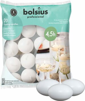 Bolsius White Floating Candles 20 Count - 1.75 Inch, 5 Hour Long Lasting Candle Set Romantic Decoration for Special Night, Pool, Party, Wedding, Cylinder Vases for Centerpiece