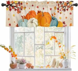 Harvest Pumpkin Valances Windows Curtain Thanksgiving Fall Kitchen Valances Rod Pocket Autumn Maple Leaf Window Curtain Treatment Short Topper Curtains Autumn, Fall Seasonal Decor 1 Panel,54 by 18 in