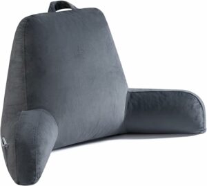 Reading Pillow for Sitting in Bed Adult, X-Large Reading Pillow with Shredded Memory Foam, Back Pillow for Bed Sitting Up with Extend Arms, Pockets, Bed Reading Pillow with Washable Cover, Grey