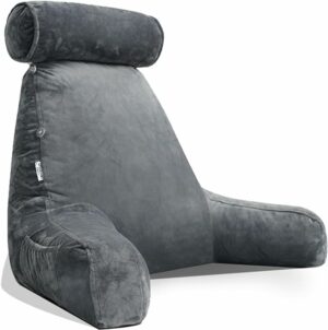 Reading Pillow for Sitting in Bed Adult with Detachable Neck Support Cushion & Backrest Pillow for Bed with Arms and Side Pocket Shredded Foam Back Pillow Chair Pillow with Washable Cover