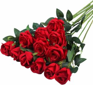 Hawesome 12PCS Artificial Silk Flowers Realistic Roses Bouquet Long Stem for Home Wedding Decoration Party A-Red -1
