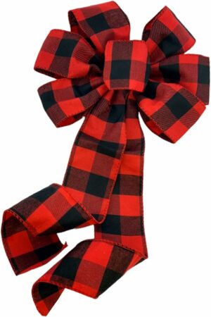 Buffalo Plaid Christmas Wreath Bow - 10" Wide, 18" Long Pre-Tied Bow, Red Black Checkers, Door Decoration, Swag, Wreath, Garland, Fall, Winter, Boxing Day, Valentine's Day
