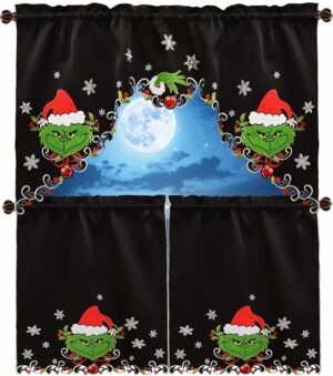Grelucgo Embroidered Christmas Holiday Kitchen Window Rod Pocket Swag and Tiers Curtain Set (Grinch)
