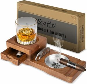 Scotte Ashtray Coaster Whiskey Glass Tray & Wooden Ash Tray with Cigar Cutter,Include Drawer and Cigar Slot Home Office Outdoor Great Cigar Accessories for Men