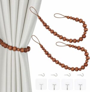 OCIOLI 2 Pieces Curtain Tieback Wood Bead Curtain Tiebacks Curtain Holdbacks for Wall Curtain Ties Window Treatment Curtain Tie Backs with Hooks Curtain Pull Backs (Coffee,2)