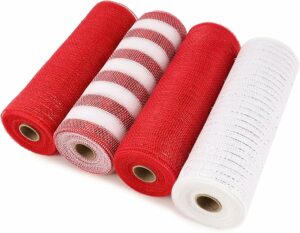 LaRibbons Christmas Deco Mesh Ribbon，10 inch x 30 feet(10 Yard) Each Roll，Metallic Foil Red and White Rolls for Wreaths Making, Swags and Christmas Tree Decoration，4 Roll
